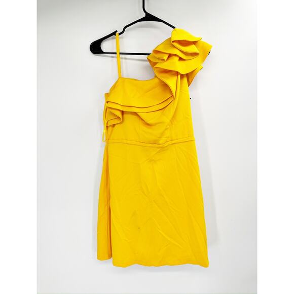 Mac Duggal 55286 Lemon Yellow One Shoulder Ruffle Mini Dress Size 4 - Picture 3 of 7